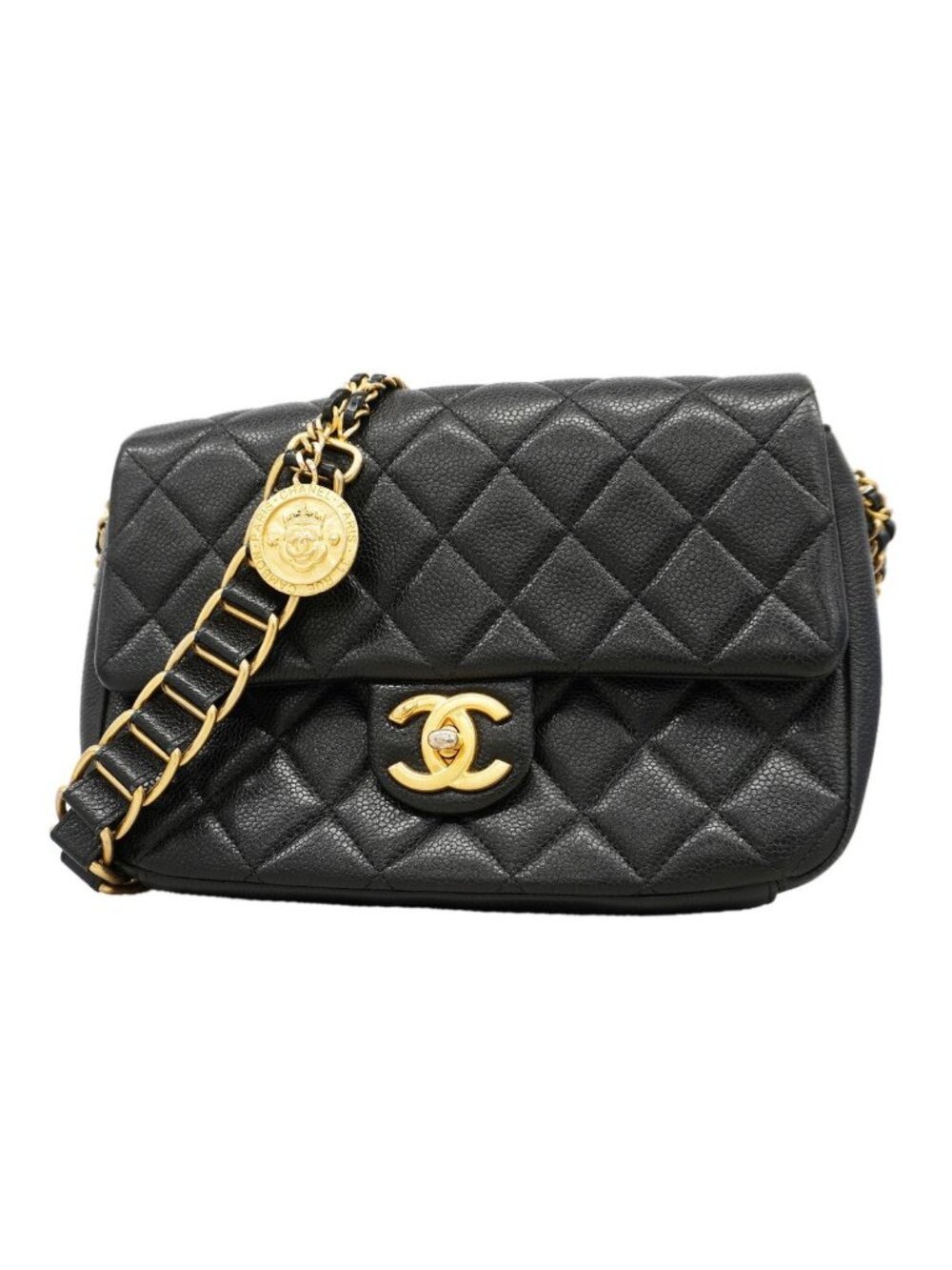 Chanel Shoulder Bag Quilted Caviar Leather Black Gold